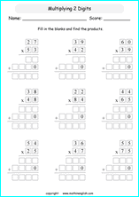 printable math multiplication 2 digits by 2 digit worksheets for kids in primary and elementary math class 