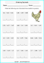 printable math comparing and ordering decimals worksheets for kids in primary and elementary math class 