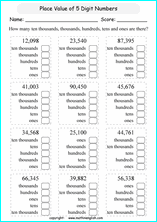 printable math place value of 5 digit number worksheets for kids in primary and elementary math class 