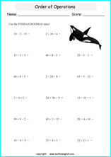 order of operations with positve integers no parentheses worksheets for grade 1 to 6 