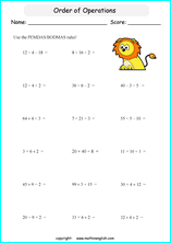 order of operations with positve integers no parentheses worksheets for grade 1 to 6 