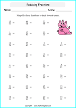 printable reducing and simplifying fractions worksheets for kids in primary and elementary math class 