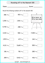 printable math rounding off the nearest 100 worksheets for kids in primary and elementary math class 