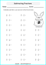 printable math unlike fraction subtraction worksheets for kids in primary and elementary math class 