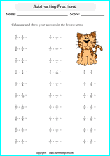 printable math unlike fraction subtraction worksheets for kids in primary and elementary math class 