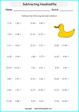 printable math decimal subtraction worksheets for kids in primary and elementary math class 