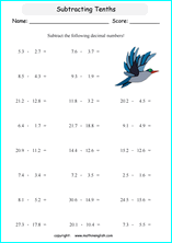 printable math decimal subtraction worksheets for kids in primary and elementary math class 