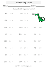 printable math decimal subtraction worksheets for kids in primary and elementary math class 