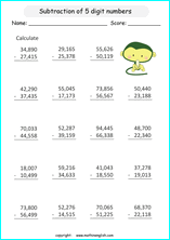 printable math 4 and 5 digit subtraction worksheets for kids in primary and elementary math class 