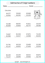 printable math 4 and 5 digit subtraction worksheets for kids in primary and elementary math class 