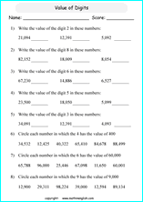 printable math place value of 5 digit number worksheets for kids in primary and elementary math class 