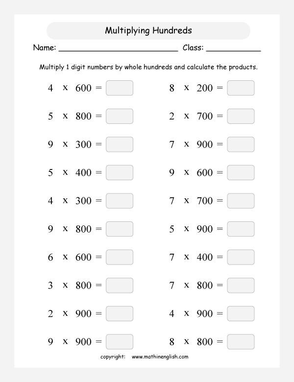 printable math multiplication of 3 digits worksheets for kids in primary and elementary math class 