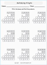 printable math multiplication of big numbers worksheets for kids in primary and elementary math class 