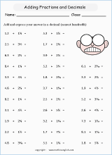 printable adding more difficult fractions worksheets for kids in primary and elementary math class 