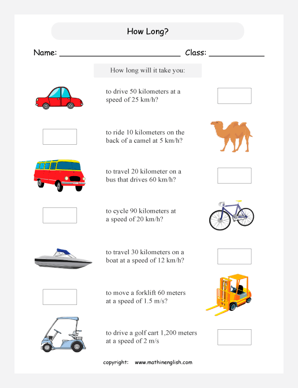 time and distance worksheets for primary math