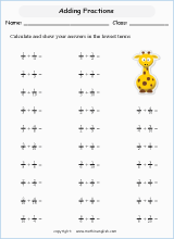 printable math unlike fraction subtraction worksheets for kids in primary and elementary math class 