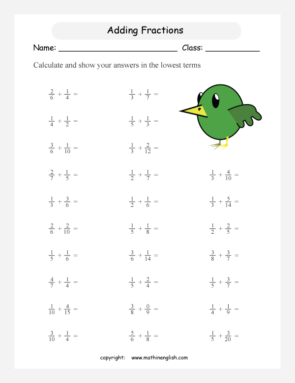 printable math addition unlike fractions worksheets