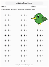 printable math unlike fraction subtraction worksheets for kids in primary and elementary math class 