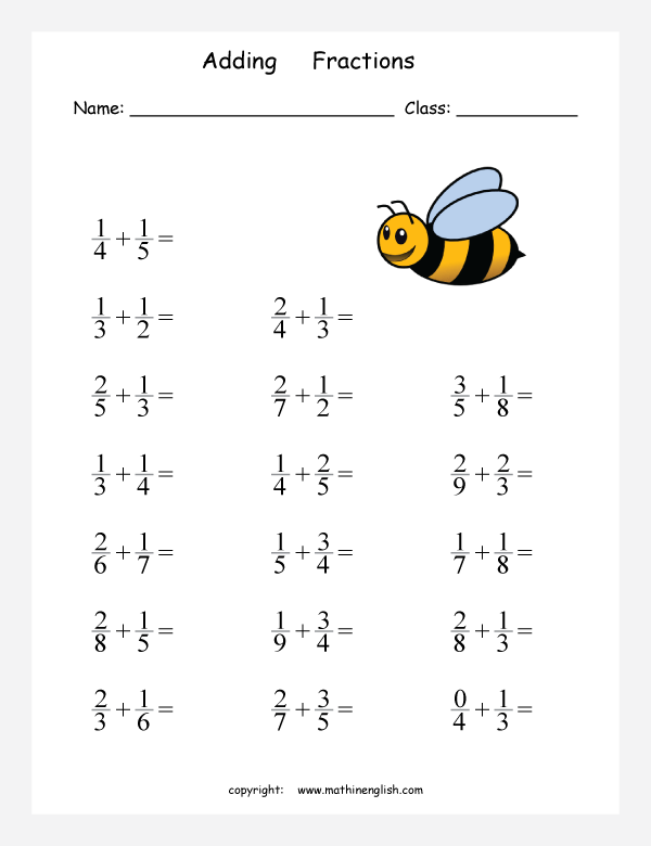 printable math addition unlike fractions worksheets