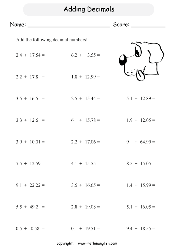 printable math addition of decimals  worksheets