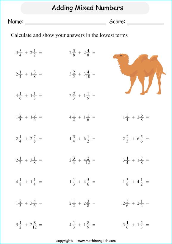 printable math addition unlike fractions worksheets