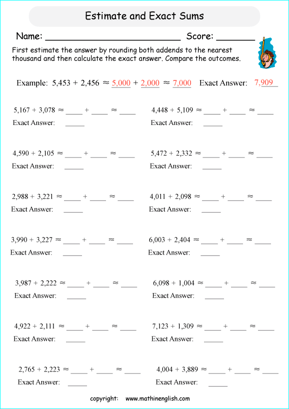 Estimate Sums Worksheet