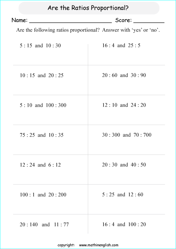 calculating proportions math worksheets for grade 1 to 6 