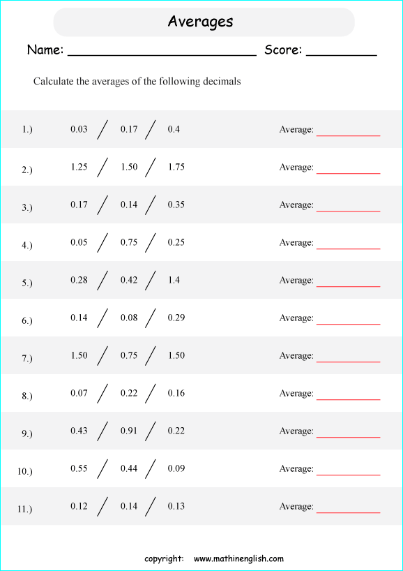 average of decimals calculations worksheets for grade 1 to 6 