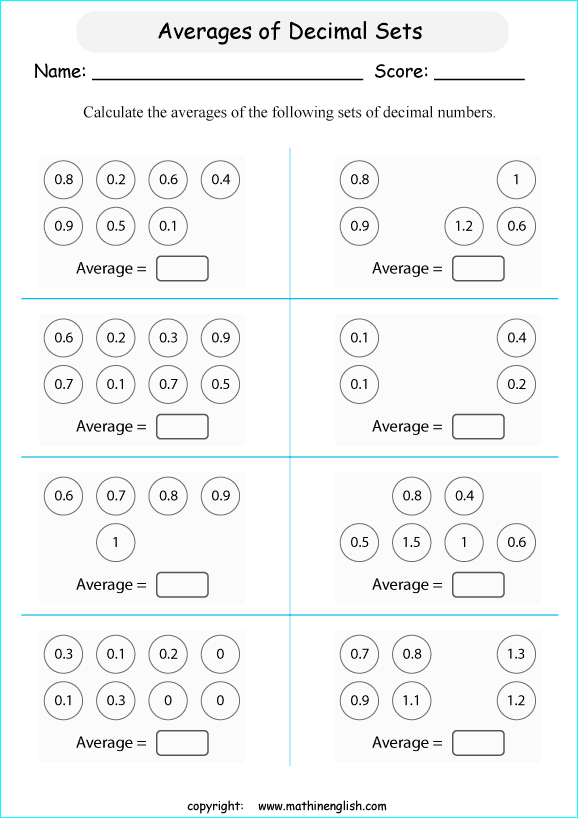 average of decimals calculations worksheets for grade 1 to 6 