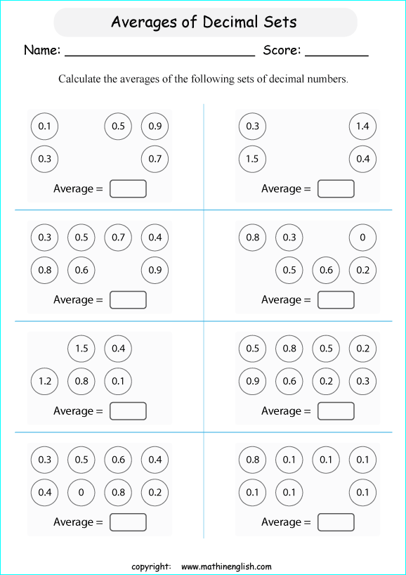 average of decimals calculations worksheets for grade 1 to 6 