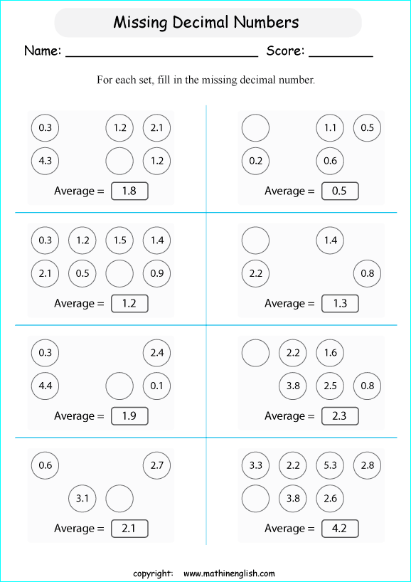 average of decimals calculations worksheets for grade 1 to 6 