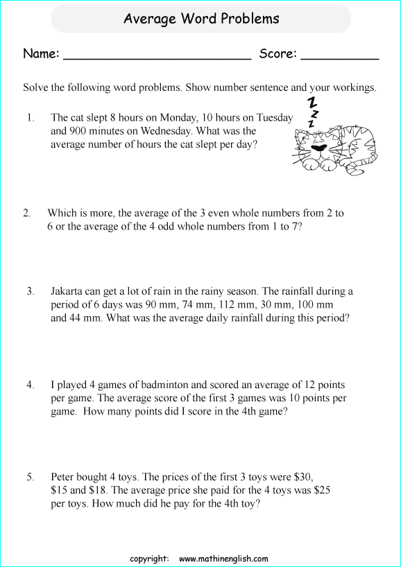 average word problemss worksheets for grade 1 to 6 