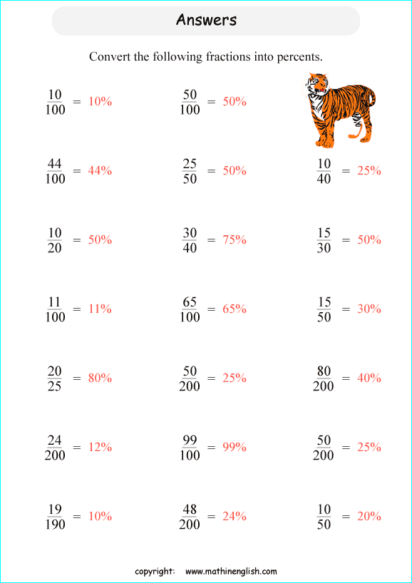 printable fraction conversion in percents worksheets for kids in primary and elementary math class 