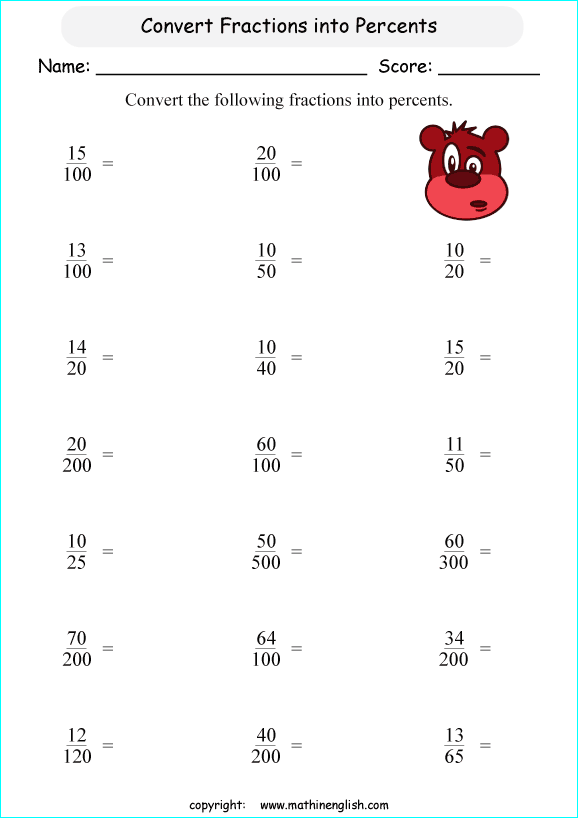 printable fraction conversion in percents worksheets for kids in primary and elementary math class 