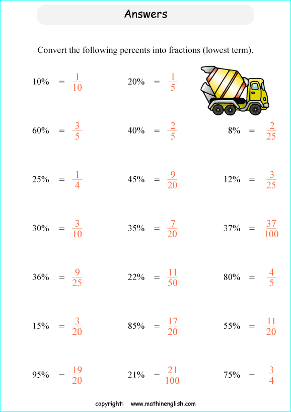 printable fraction conversion in percents worksheets for kids in primary and elementary math class 