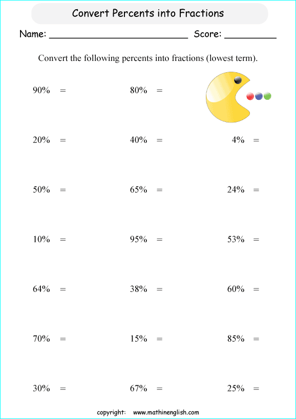 printable fraction conversion in percents worksheets for kids in primary and elementary math class 