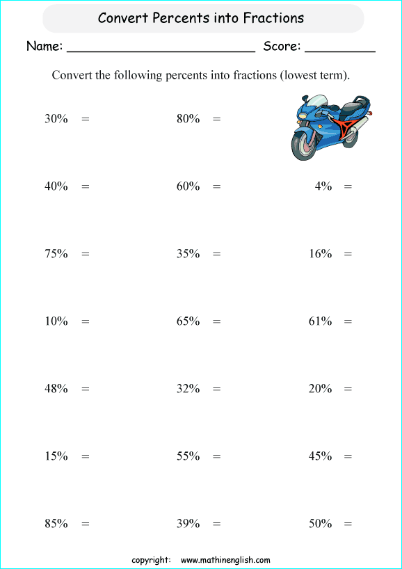 percentage  fractions conversion math worksheets for grade 1 to 6 