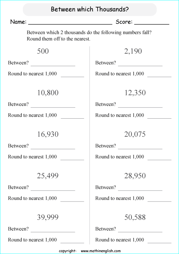 printable math rounding off the nearest 1,000 worksheets for kids in primary and elementary math class 