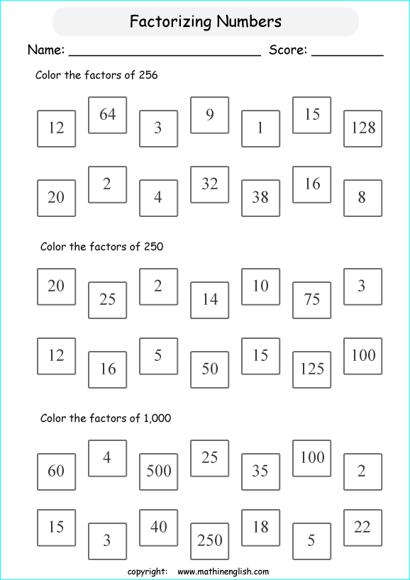 listing multilpes and factors worksheets for grade 1 to 6 