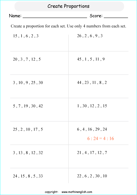 calculating proportions math worksheets for grade 1 to 6 