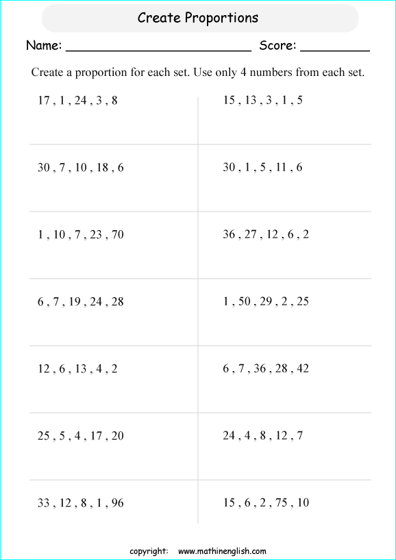 calculating proportions math worksheets for grade 1 to 6 