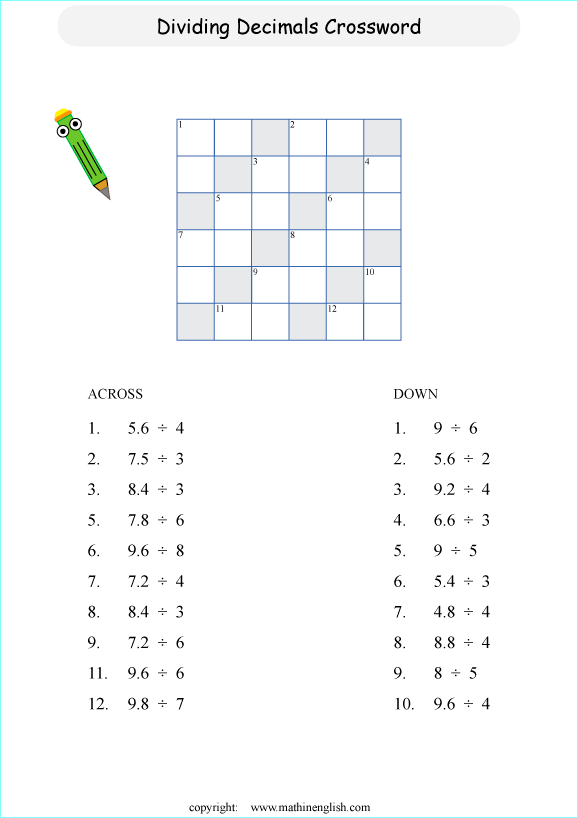 decimal crossword puzzle worksheets for grade 1 to 6 