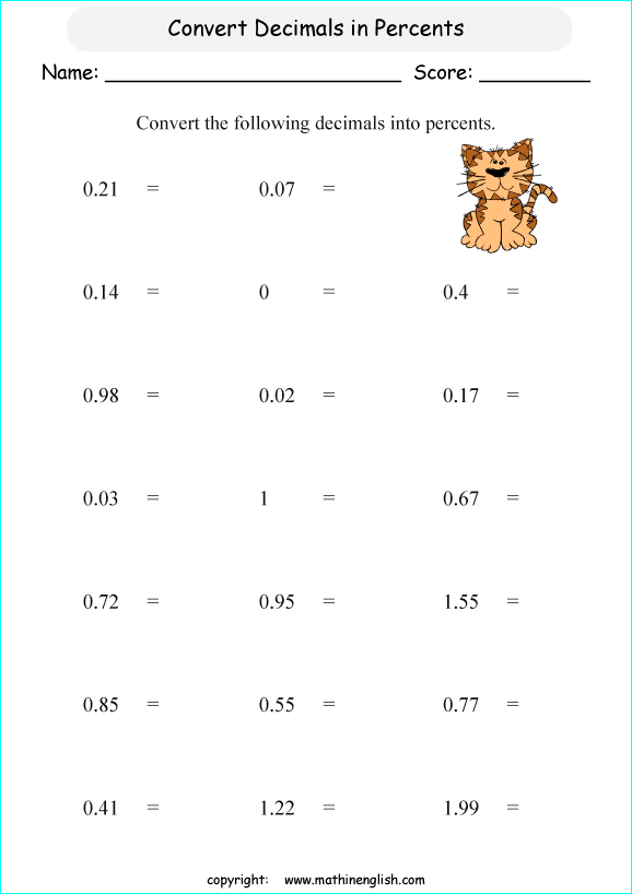 decimal into percents worksheets for grade 1 to 6 