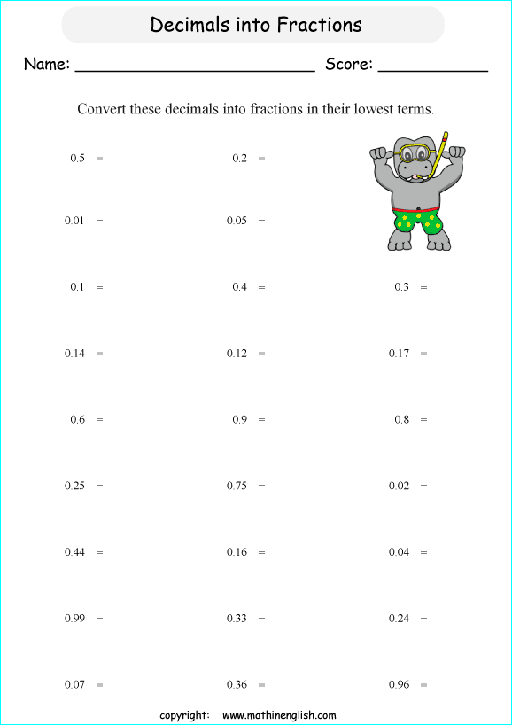 decimal into fractions worksheets for grade 1 to 6 