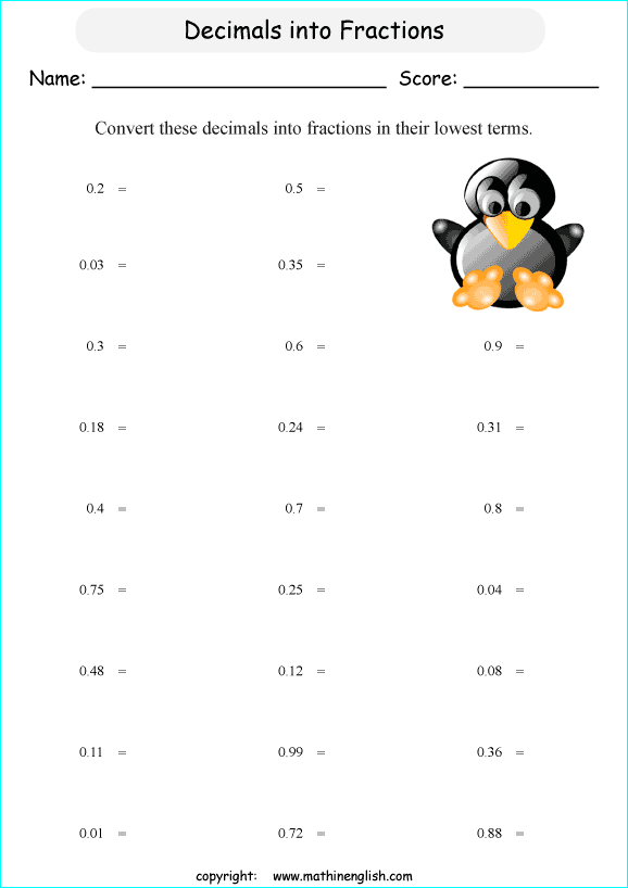 printable fraction conversion in decimals worksheets for kids in primary and elementary math class 