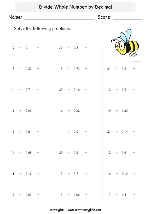 printable math dividing decimals worksheets for kids in primary and elementary math class 