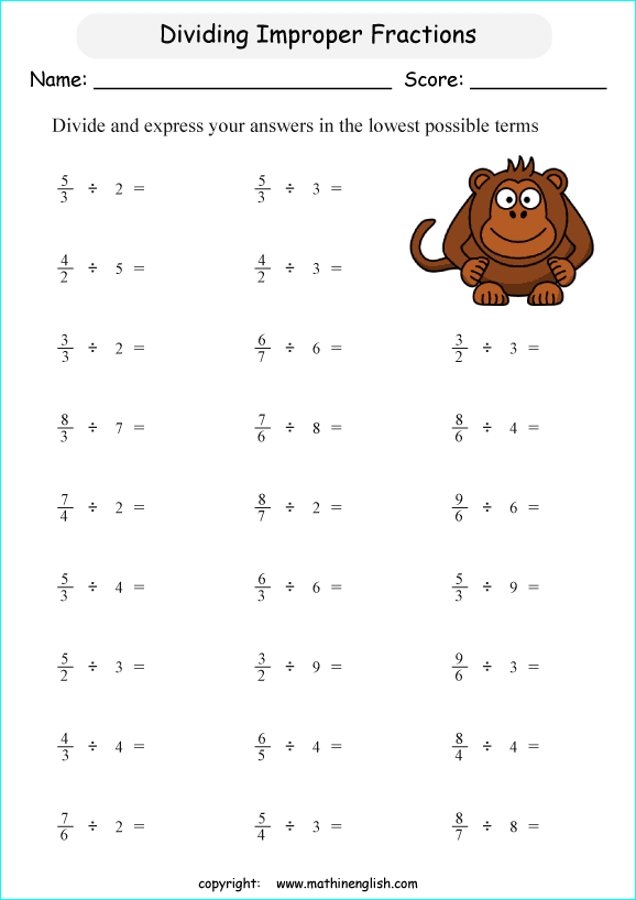 printable dividing fractions worksheets for kids in primary and elementary math class 