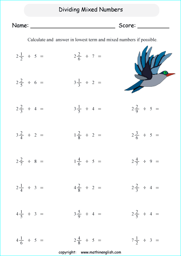 printable dividing fractions worksheets for kids in primary and elementary math class 