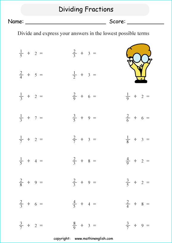 printable math dividing fractions worksheets for kids in primary and elementary math class 