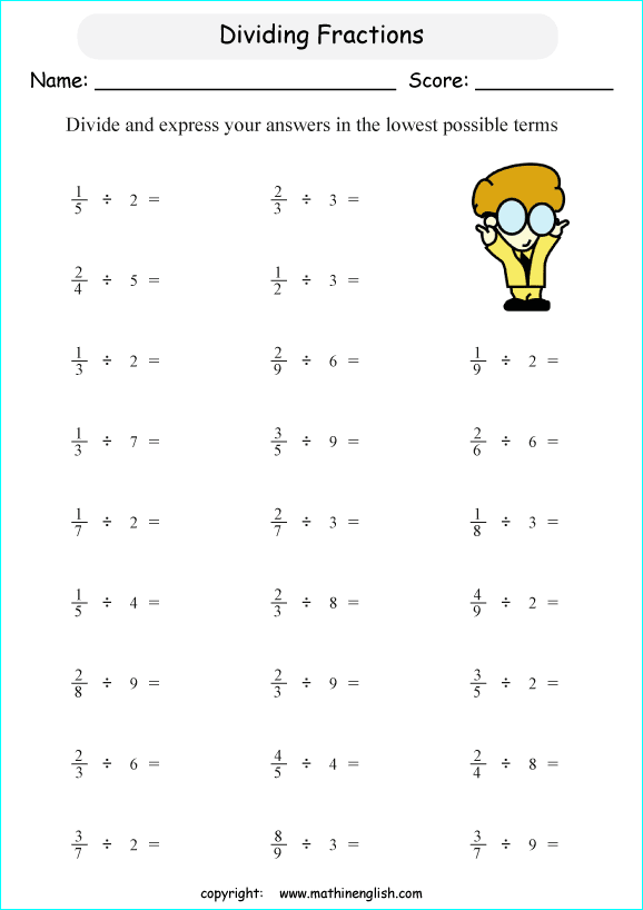 printable dividing fractions worksheets for kids in primary and elementary math class 